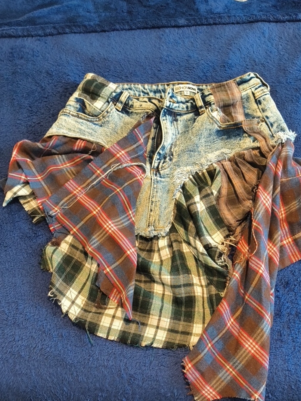 Fashion Nova Patchwork Denim & Plaid Skater Skirt - Blue, Red, Green